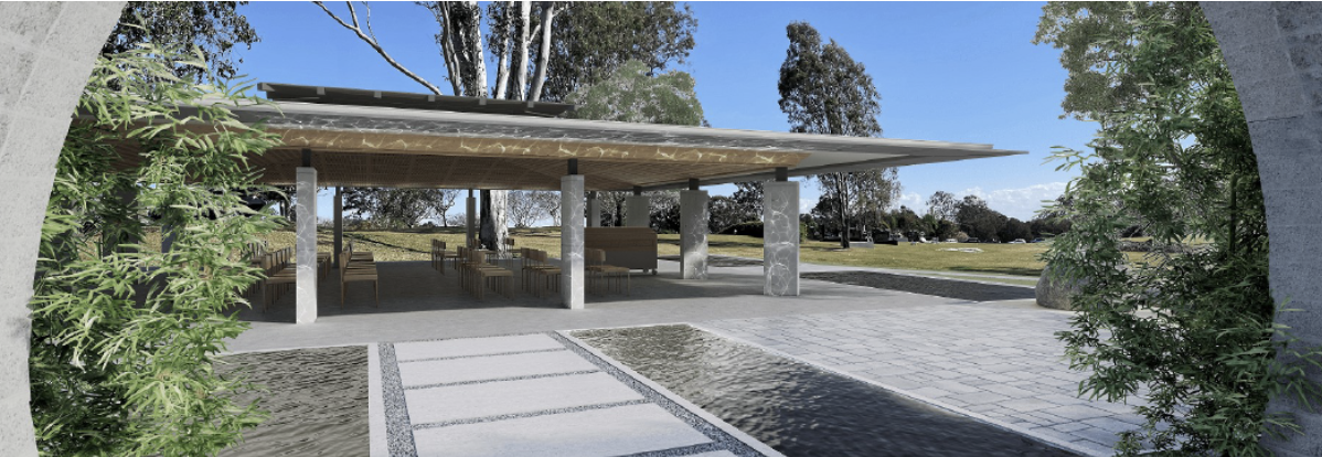 An artists impression of the new pavilion which is inspired by eastern symbolism and will offer a new space for services at Centenary Memorial Gardens Cemetery and Crematorium.
